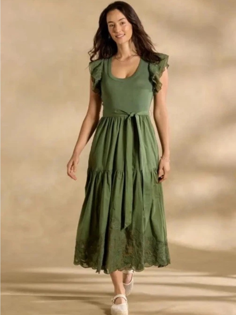 Sundance Olive Cotton Flutter Sleeve Midi Dress Belted Cottagecore PS